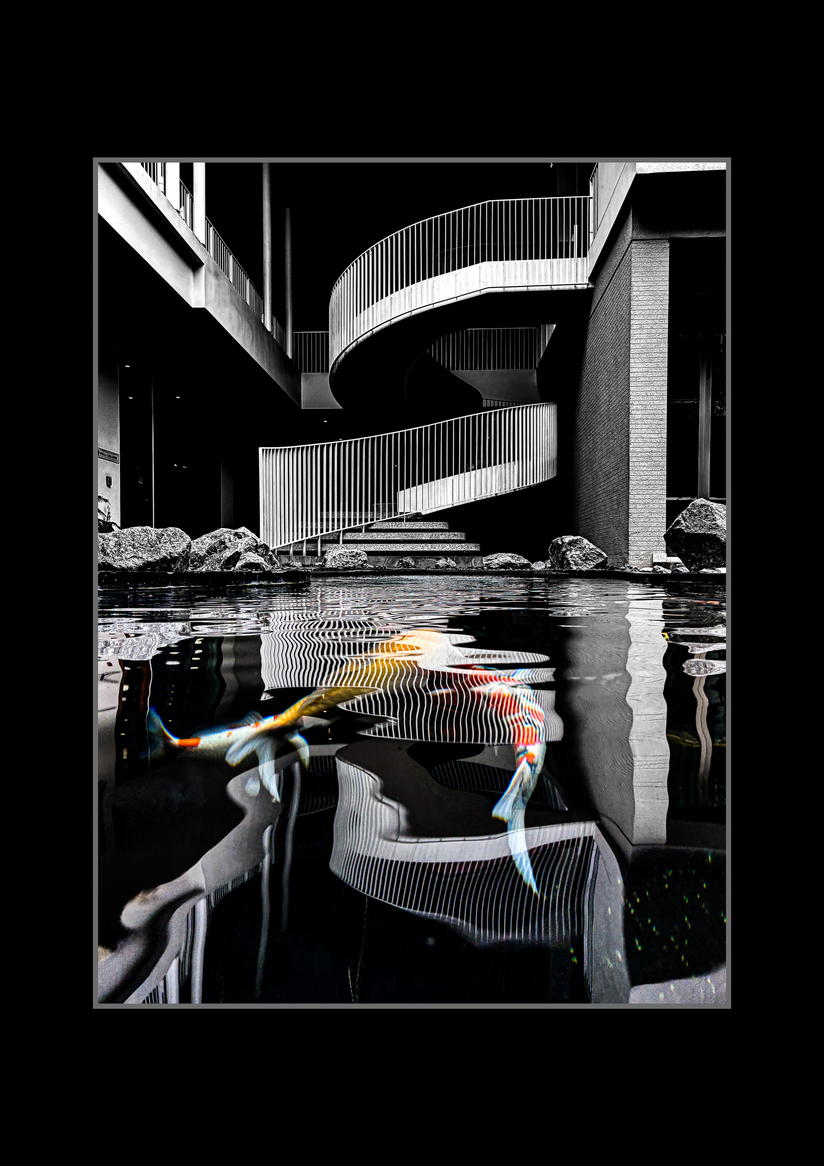 Framed print of the koi and staircase composite